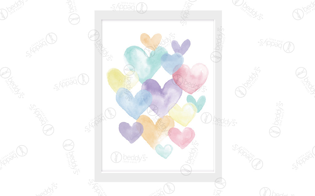 Blue, green, orange, purple, pink, and yellow watercolor hearts digital artwork showcased in a frame. 