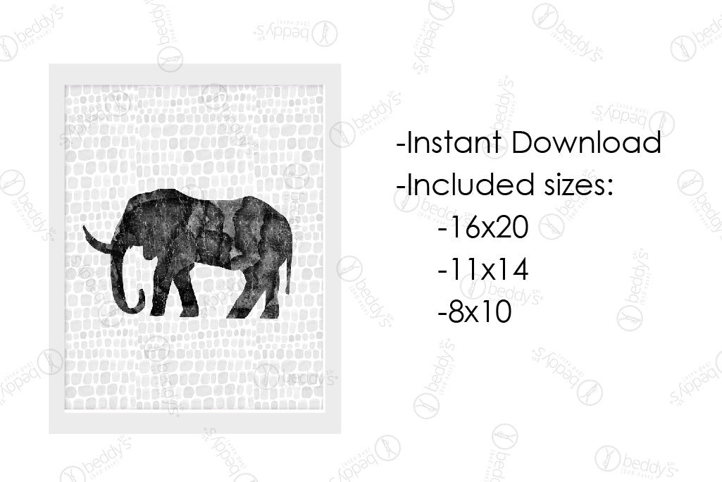 An infographic explaining the side profile of a black elephant digital artwork size dimensions and that it's an instant download. 