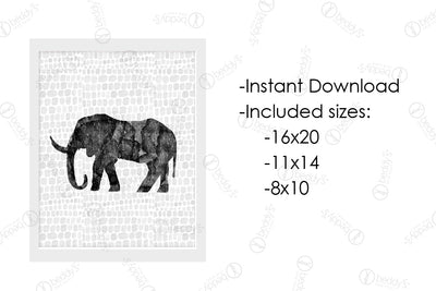 An infographic explaining the side profile of a black elephant digital artwork size dimensions and that it's an instant download. 