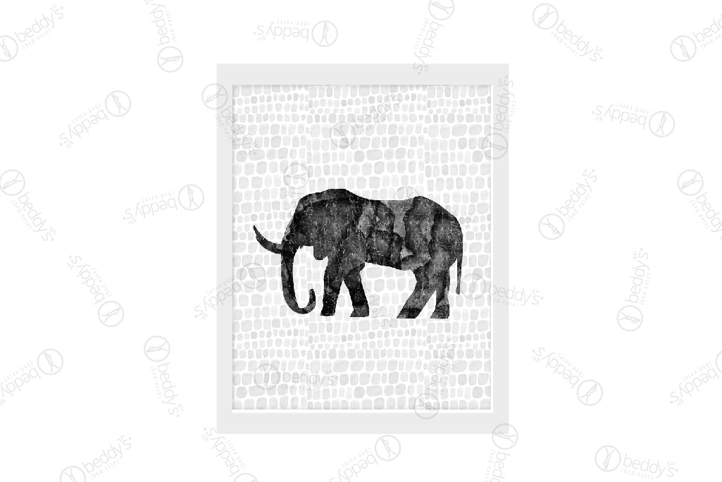A side profile of a black elephant with a gray spotted background digital artwork showcased in a frame. 