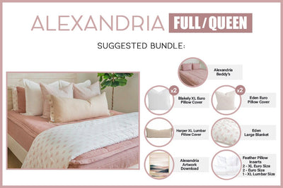 Graphic showing included items in full and queen sized bundles for pink zipper bedding