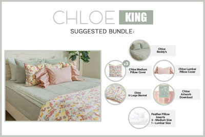 Graphic showing included items in bundle for king sized green zipper bedding