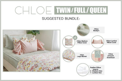 Graphic showing included items with twin, full and queen sized green zipper bedding