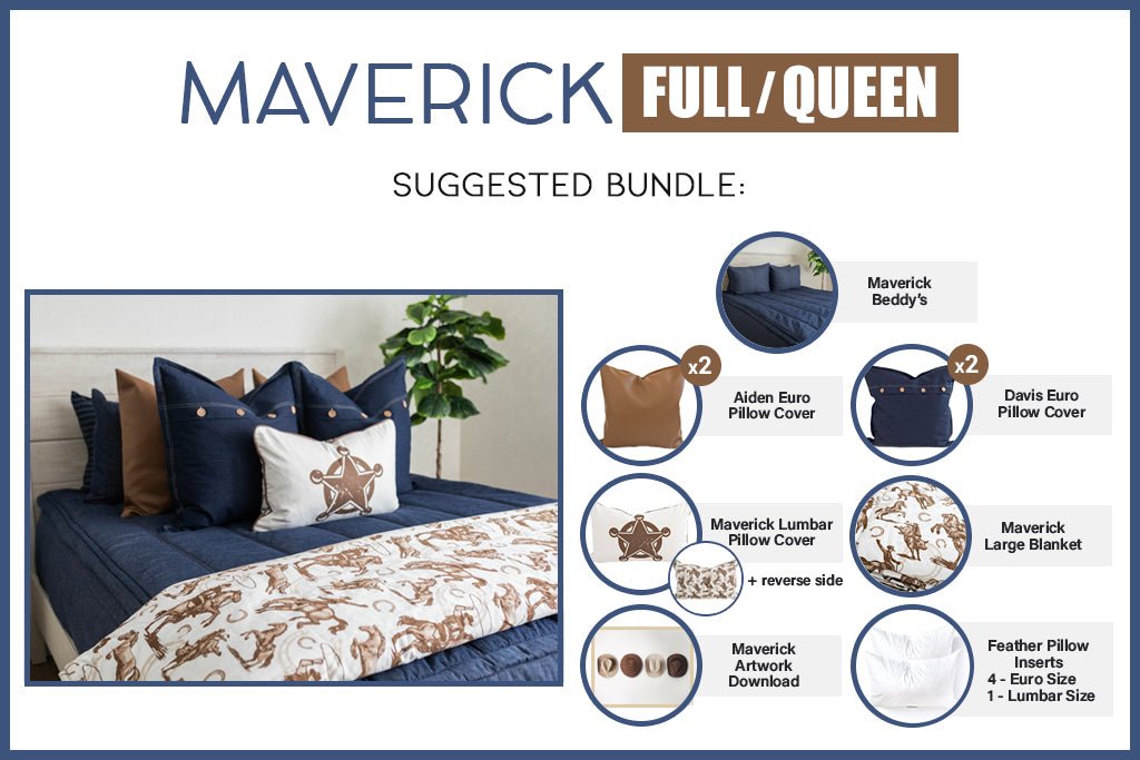 Graphic showing included items for full and queen sized bundle for blue zipper bedding