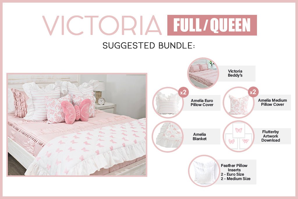 Graphic showing suggested products to style pink zipper bedding