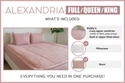 Graphic showing included items for full, queen, and king sized pink zipper bedding
