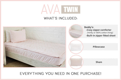 Graphic displaying white pillowcase and pink sham included with pink zipper bedding