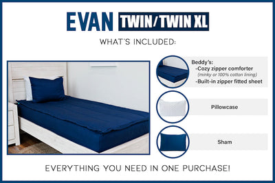 Graphic showing twin includes Beddy's zipper bedding with coordinating pillowcase and sham