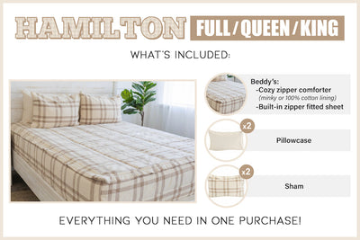 Graphic showing Cream and brown plaid zipper bedding with cream and included matching pillowcases and shams