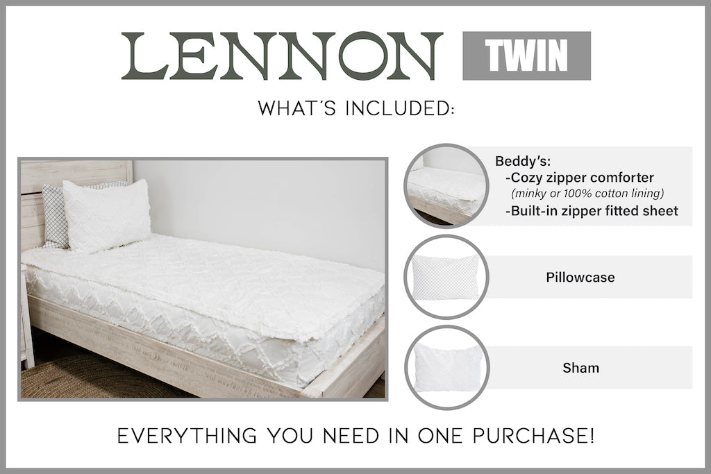 Graphic showing twin includes Beddy's comforter with pillowcase and sham