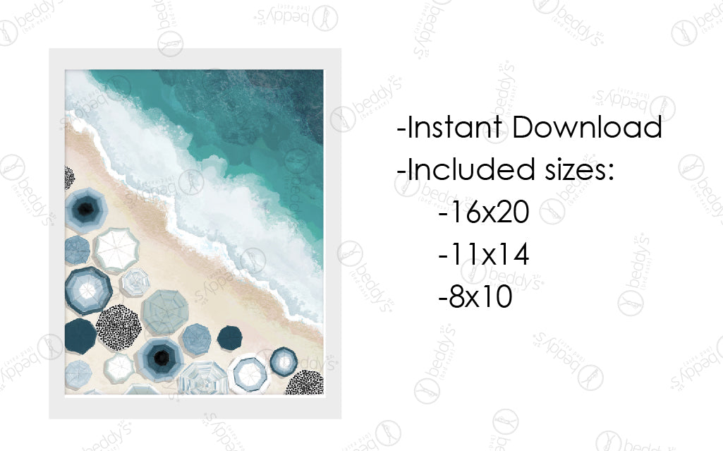 An infographic explaining watercolor beach with umbrellas on the sand digital artwork size dimensions and that it's an instant download.