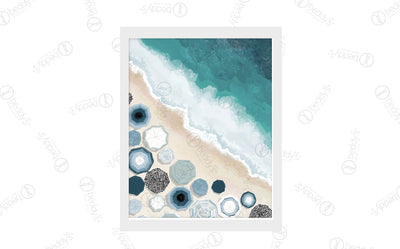 A watercolor beach with umbrellas on the sand digital artwork showcased in a frame.