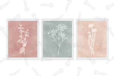 Red, green, and pink backgrounds with different white flowers digital artworks showcased in frames.