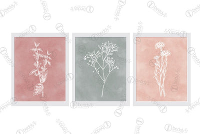 3 separate artworks of flowers in pink red and green