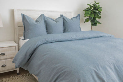 Light blue matching pillow and duvet on white zipper bedding