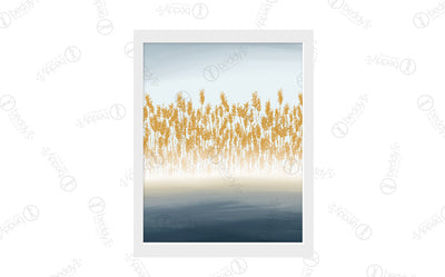 A field of wheat with a blue ombre background digital artwork showcased in a frame. 