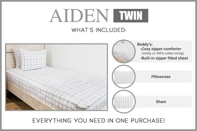 Graphic showing twin includes one Beddys comforter, one pillowcase and one sham
