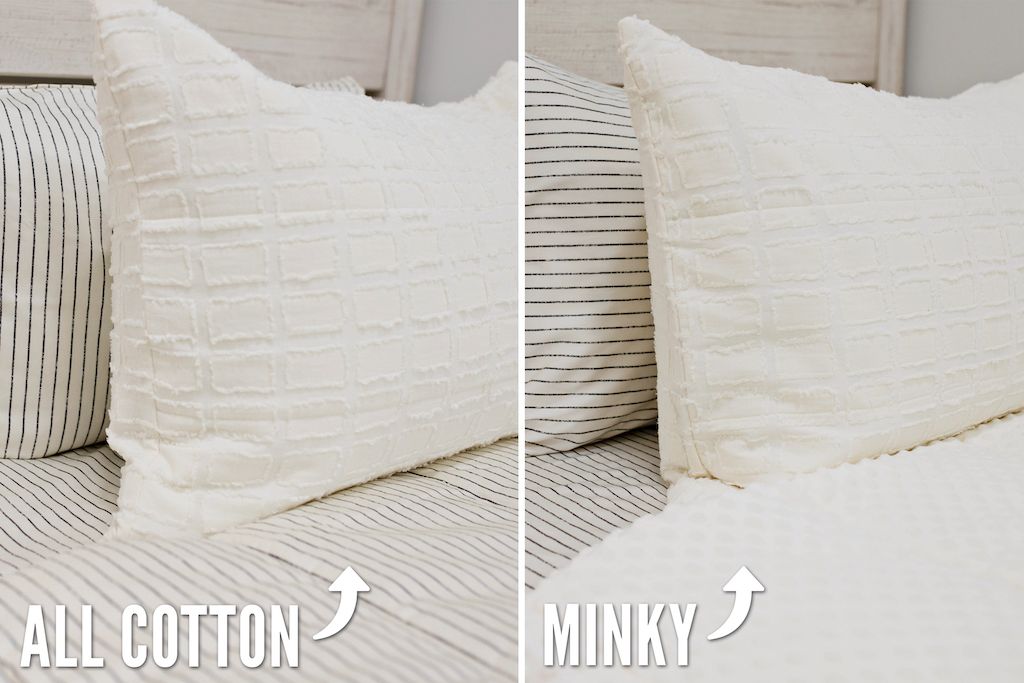 side by side comparison photo of cream bedding with textured rectangle design, cream sheets with black stripes, one side showing cream minky interior, the other showing cotton interior