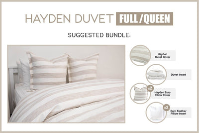 Graphic showing included items with white and cream striped full and queen bundle