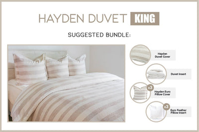 Graphic showing included items with white and cream striped king bundle