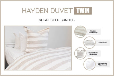 Graphic showing included items with white and cream striped twin bundle