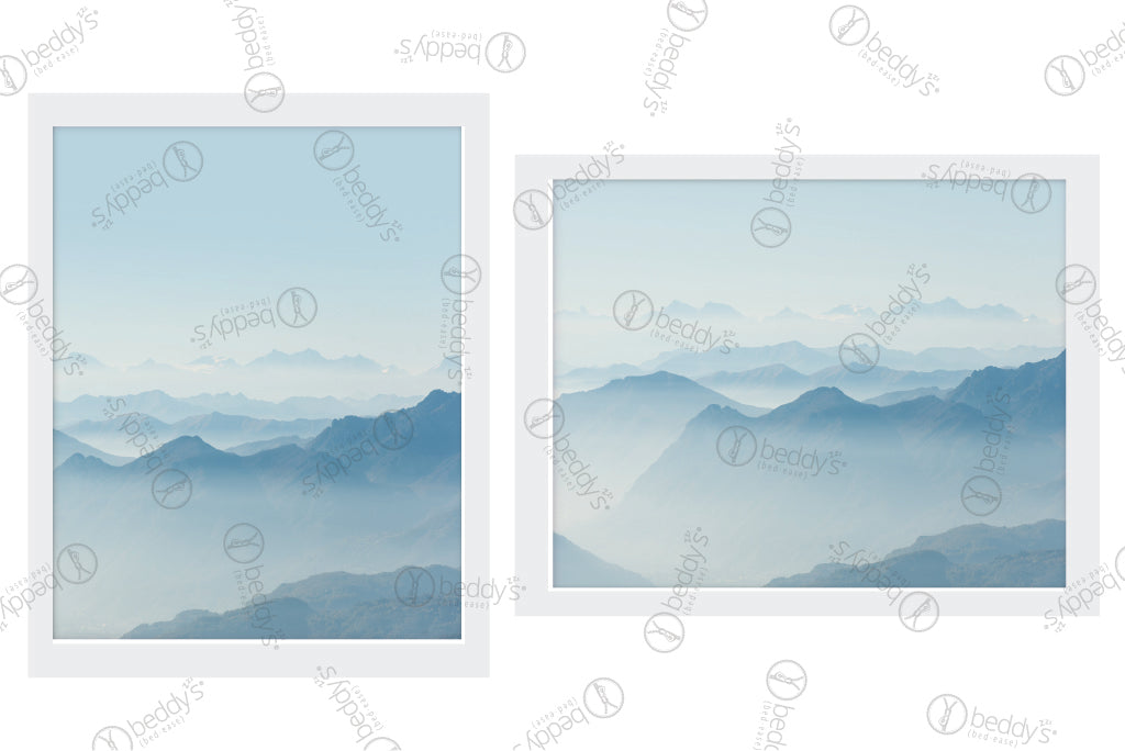 Two layered blue hill tops digital artworks showcased in frames.