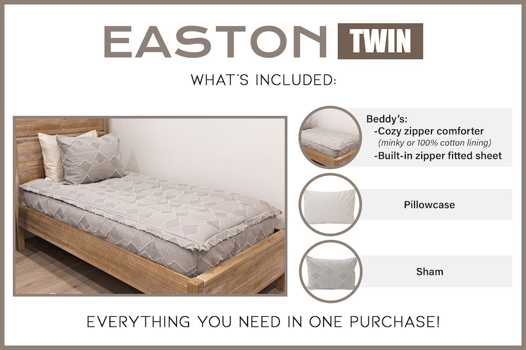 Graphic showing twin includes Beddy's comforter with coordinating pillowcase and sham