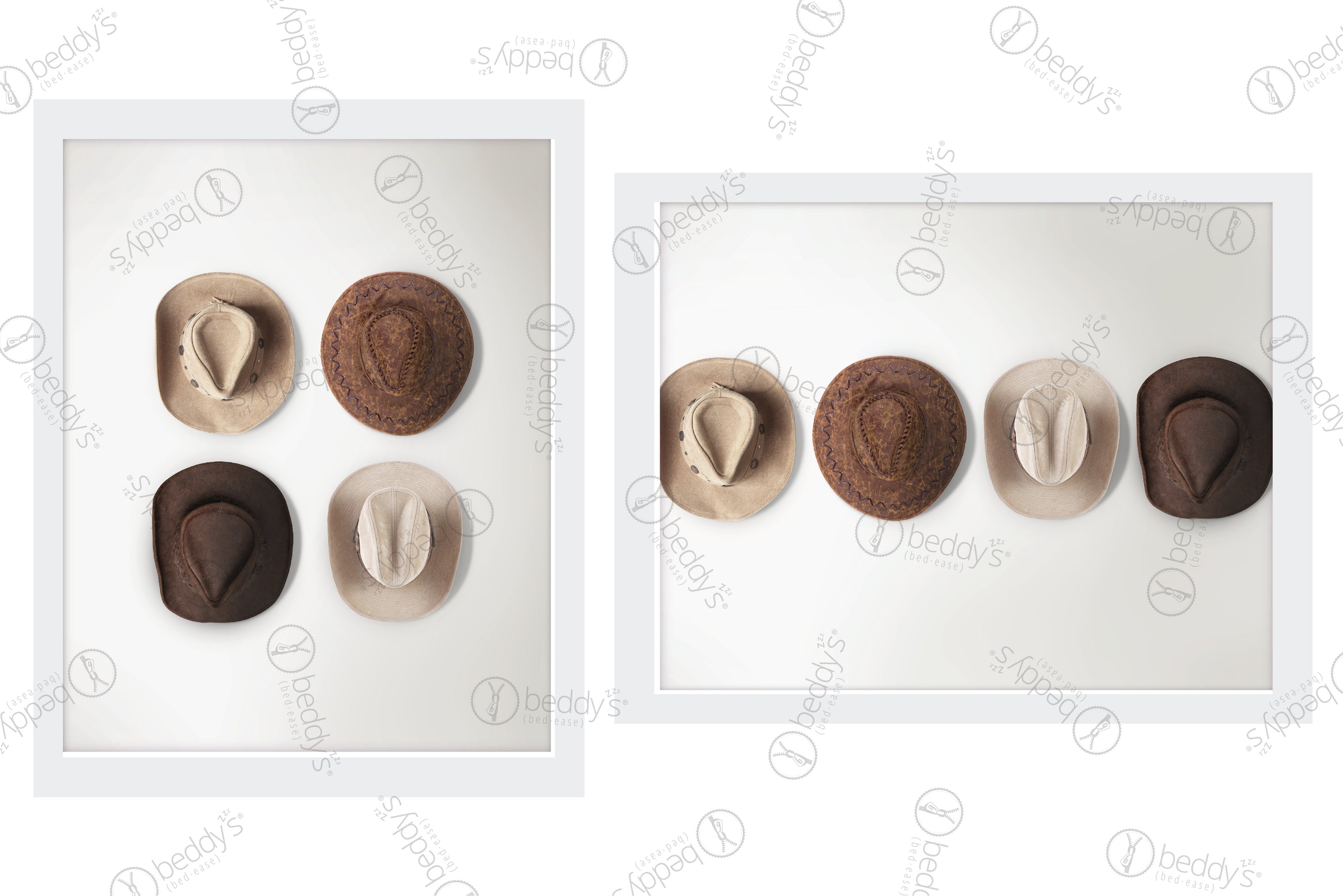 Two sets of digital artworks showcased in frames of a variation of brown cowboy hats.