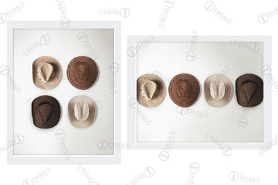 Two sets of digital artworks showcased in frames of a variation of brown cowboy hats.
