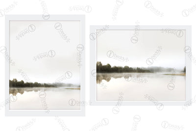 Two soft watercolor layered landscapes that has reflections digital artworks showcased in frames.