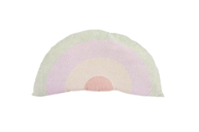 Green, purple, cream and orange plush rainbow pillow on a white background.