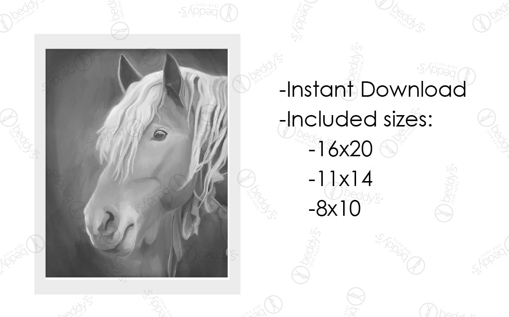 An infographic explaining the gray and white stallion digital artwork size dimensions and that it's an instant download.