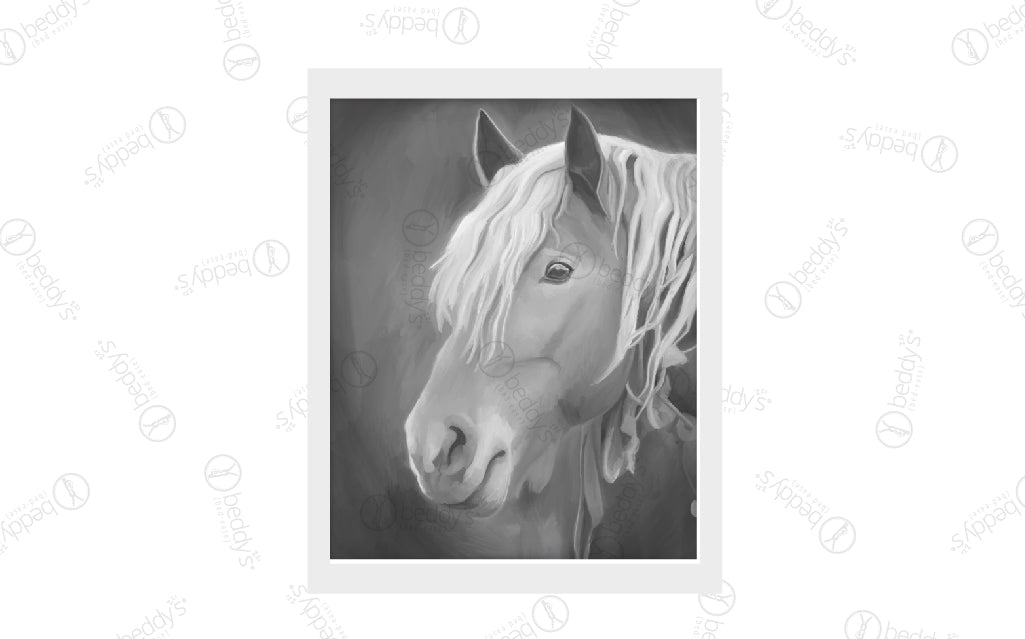 A gray and white stallion digital artwork showcased in a frame. 