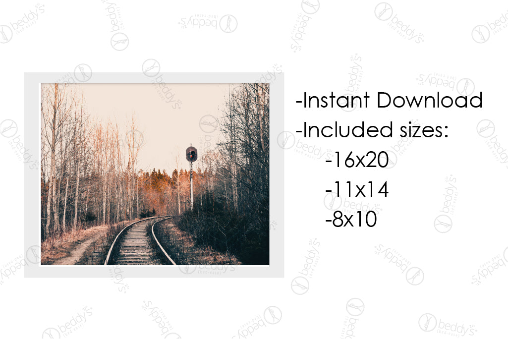 An infographic explaining the train railroad in the woods digital artwork size dimensions and that it's an instant download.