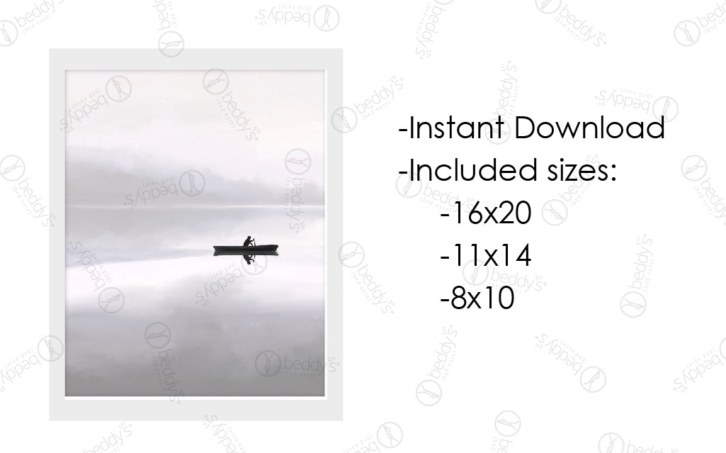 An infographic explaining the silhouette of a person on a boat reflection digital artwork size dimensions and that it's an instant download.