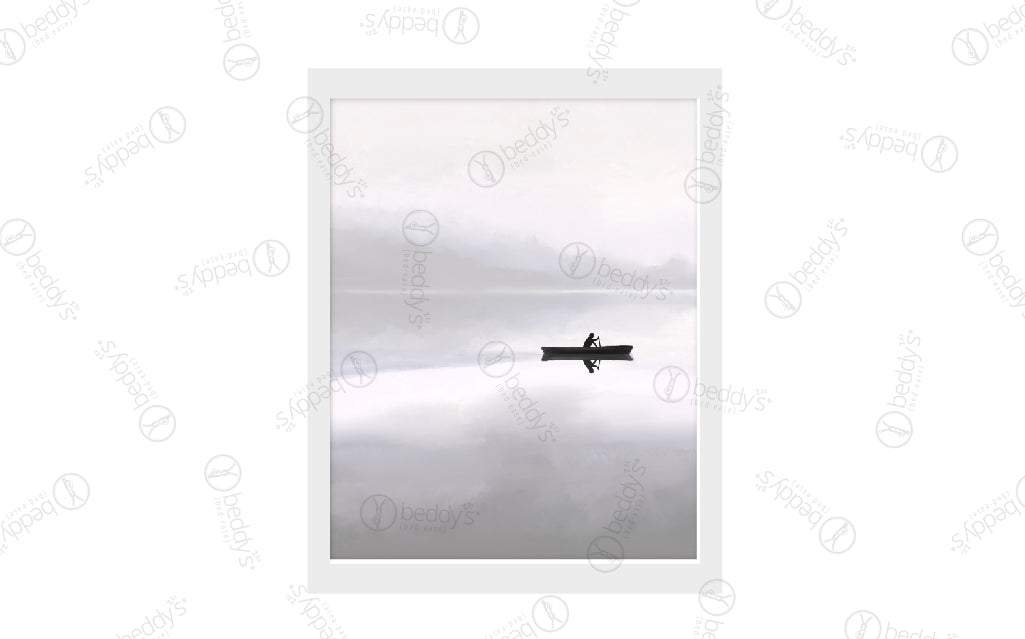 A silhouette of a person on a boat showing  the reflection on gray water digital artwork showcased in a frame.