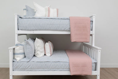 Blue zipper bedding on bunk beds styled with matching pillows and blankets