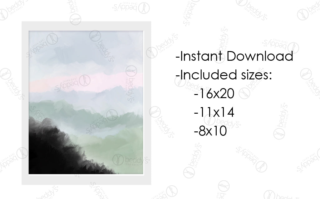 An infographic explaining the blue, green, and black watercolor fields digital artwork size dimensions and that it's an instant download. 