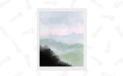 Blue, green, and black watercolor fields digital artwork showcased in a frame.