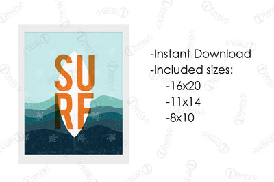 An infographic explaining the blue sea background with turtles and a white cutout of a surfboard digital artwork size dimensions and that it's an instant download. 