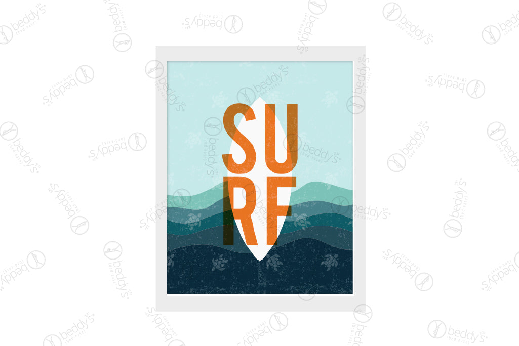 A blue sea background with turtles with a white cutout of a surfboard and orange graphic lettering spelling "surf" digital artwork showcased in a frame.