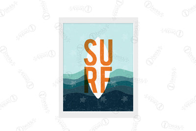 A blue sea background with turtles with a white cutout of a surfboard and orange graphic lettering spelling "surf" digital artwork showcased in a frame.