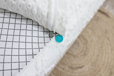 photo showing zipper edge on white bedding with textured diamond design, white sheets with green diamond pattern and white minky interior