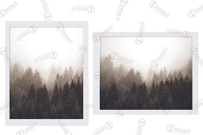 Brown, black, cream and white artwork of trees in foggy forest