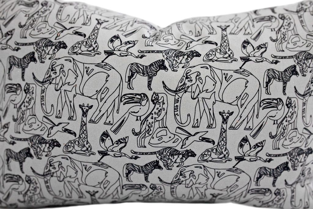 Enlarged view of a gray lumbar pillow with jungle animals