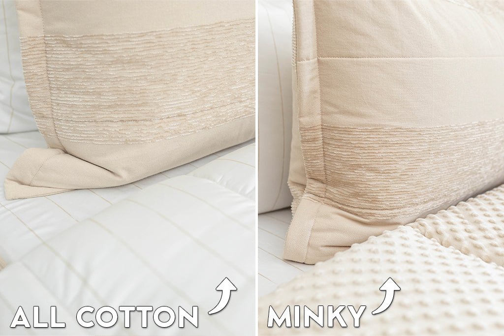 Graphic showing all cotton and minky interior options of tan zipper bedding