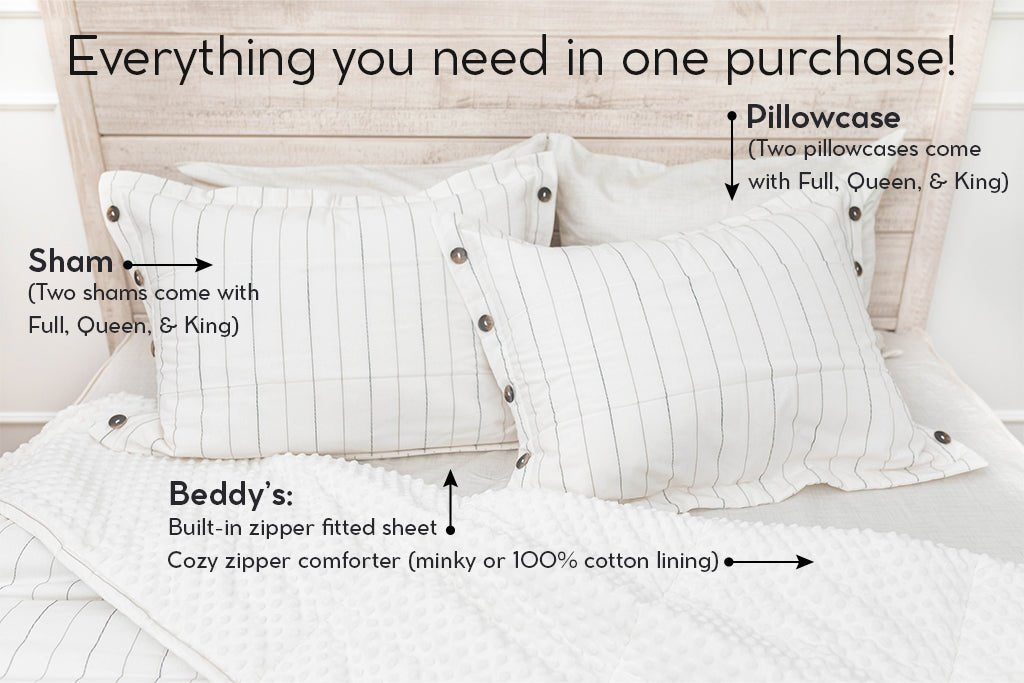 Graphic showing included pillowcase and sham with white zipper bedding