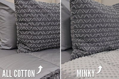 side by side comparison photo of gray bedding with textured diamond design, gray arrow sheets one side showing gray minky interior, the other showing cotton interior