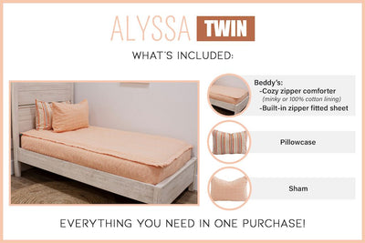 Graphic showing twin includes zipper comforter, with coordinating pillowcase and sham