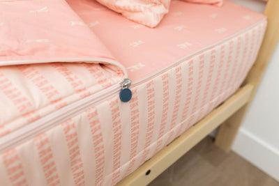 A close up on the zipper feature of a set of pink ballet shoes kids zipper bedding.